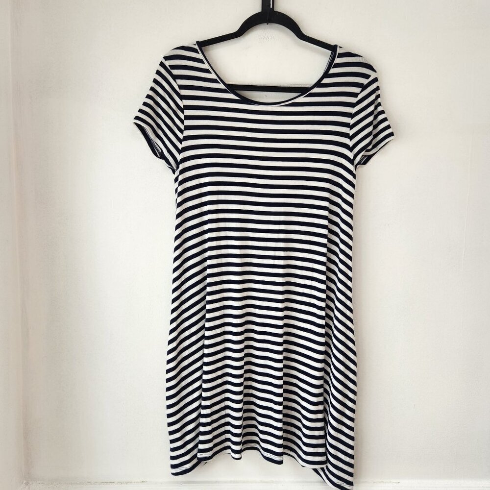 Lovers & Friends White Blue Striped Stretch Jersey Knit Open Back Shift Dress M - Picture 2 of 8